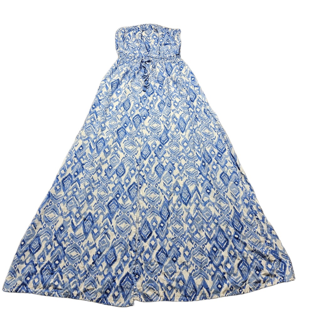 Jessica Simpson Strapless Maxi Dress Women M Blue White Ikat Print Smocked Waist